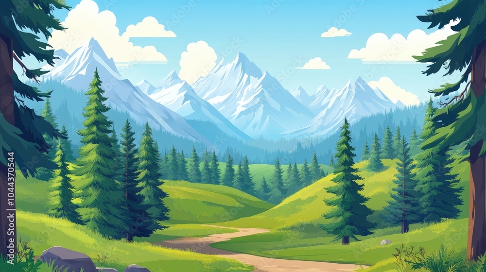 Fototapeta premium A winding path through a lush green forest with snow-capped mountains in the distance