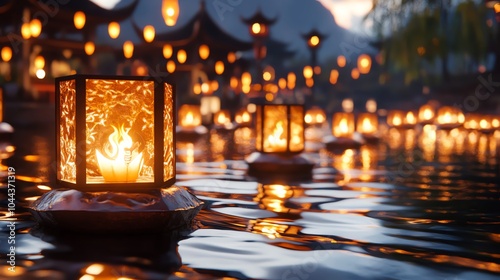 Floating lanterns drifting over a river, peaceful and magical Festival of Lights scene photo