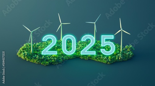 The image is a green background with a large number of wind turbines