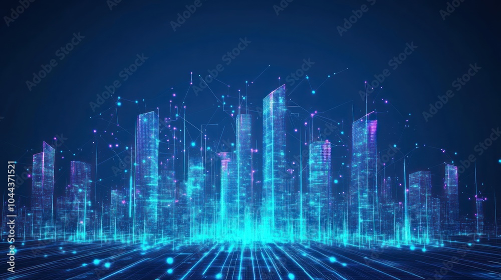 A digital cityscape with glowing skyscrapers and interconnected nodes, symbolizing technology. A digital cityscape with glowing skyscrapers and interconnected nodes, symbolizing technology.