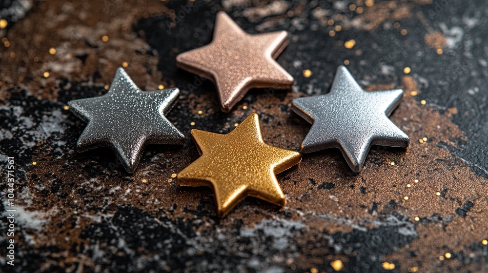 Bronze, silver, and gold metallic star-shaped bundle as a decorative element Bronze, silver, and gold metallic star-shaped bundle as a decorative element