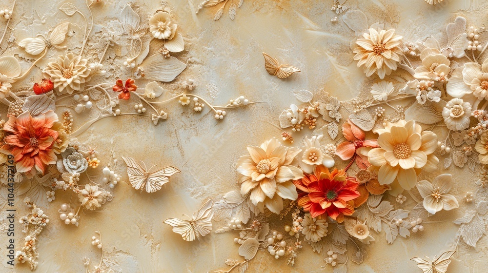 Whimsical floral fantasy featuring marigolds, chrysanthemums, and dahlias with fairies perched among petals, enhanced by tiny bows and pearls for an enchanting touch.
