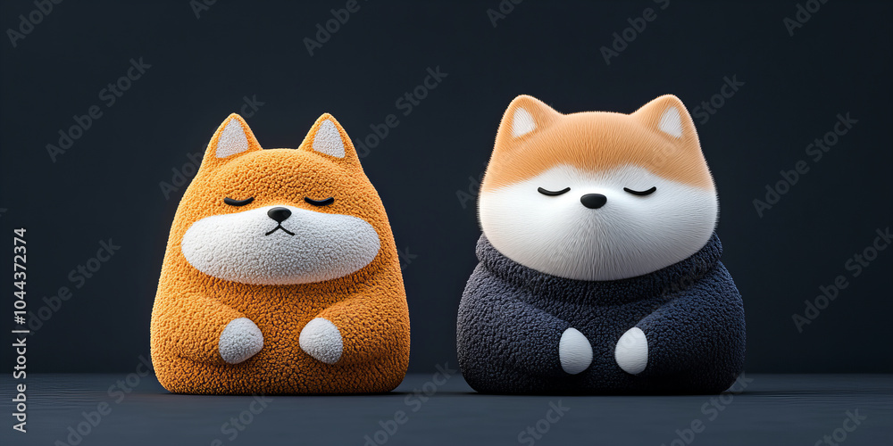 Fototapeta premium Banner of two fluffy dogs colorful reflect relaxation harmonious personality on textile noir contrast background