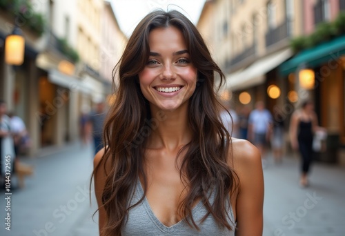 Charming Urban Portrait of a 20-Year-Old French Brunette Model Smiling Amidst City Life and Shops