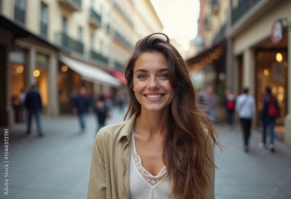 Vibrant Downtown Scene Featuring a Beautiful French Supermodel Smiling in Casual Fashion Vibrant Downtown Scene Featuring a Beautiful French Supermodel Smiling in Casual Fashion