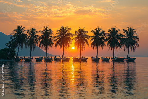 A row of coconut trees and umbrella tree silhouette on Coconut Island sea. Generative AI.