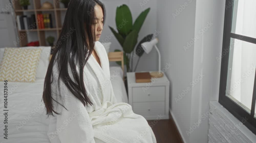 Young asian woman in white robe sitting on bed in bright bedroom with plants and window Young asian woman in white robe sitting on bed in bright bedroom with plants and window