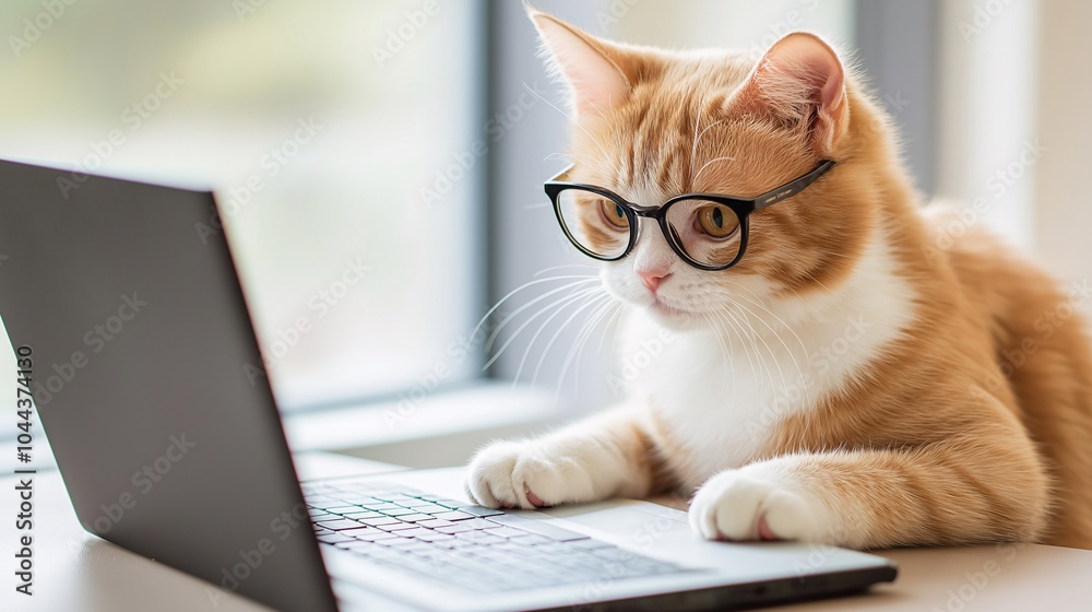 Fototapeta premium Cat Sitting at Desk with Glasses Looking at Laptop