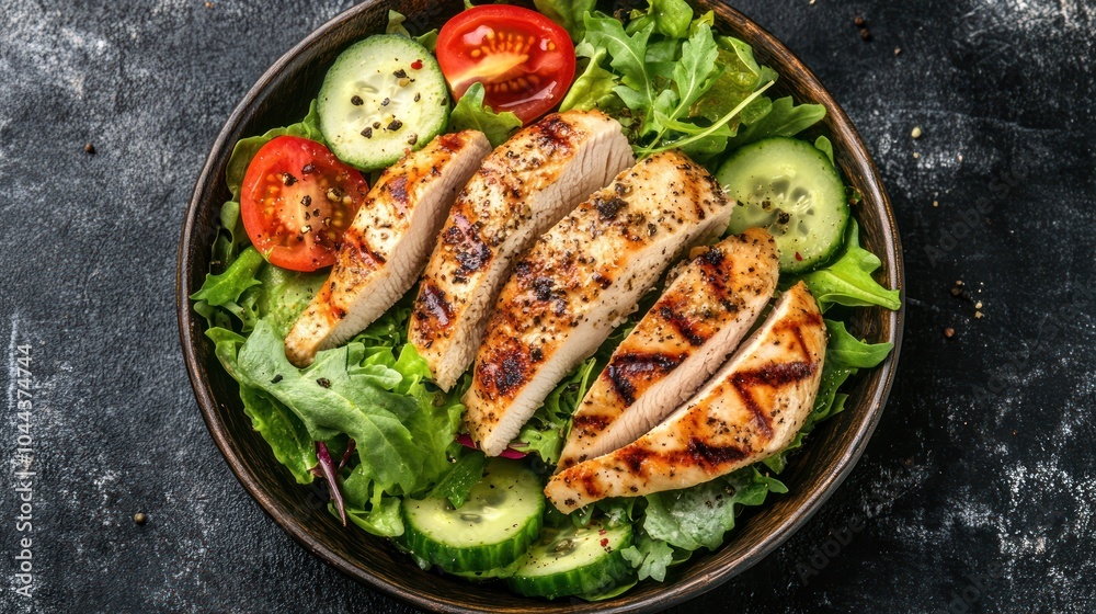 Grilled chicken salad with fresh vegetables in a bowl. Grilled chicken salad with fresh vegetables in a bowl.