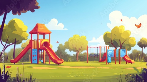 Colorful Playground Equipment in a Lush Green Park photo