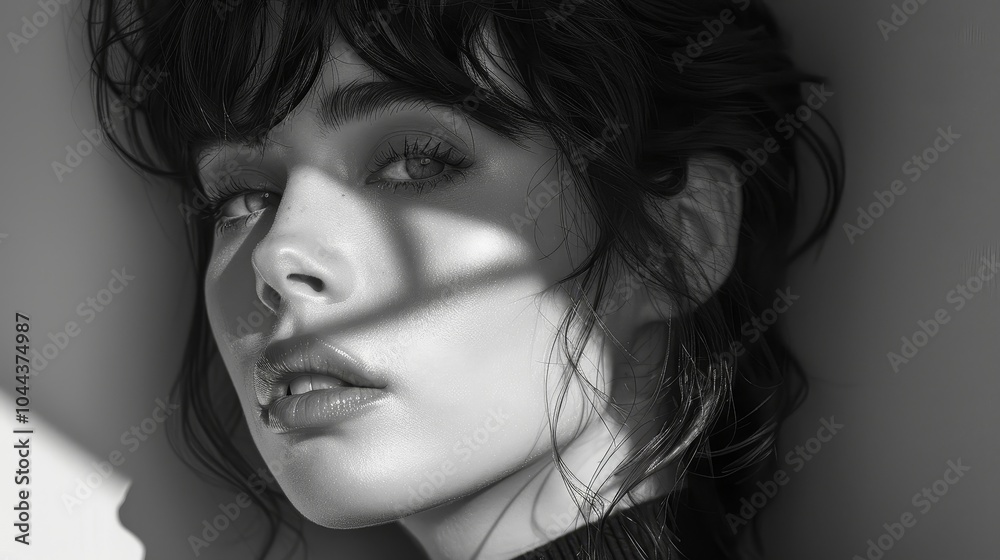 A striking black and white painting depicts the simple beauty of a woman, with a serene face and sharp contours, and the interplay of shadows creates dramatic contrast A striking black and white painting depicts the simple beauty of a woman, with a serene face and sharp contours, and the interplay of shadows creates dramatic contrast