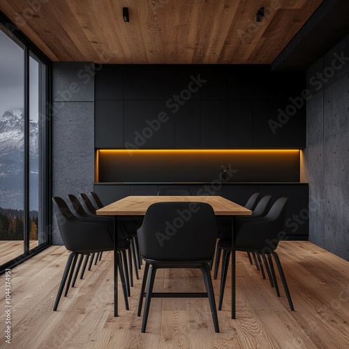 Modern dining area with a wooden table and black chairs, featuring large windows.