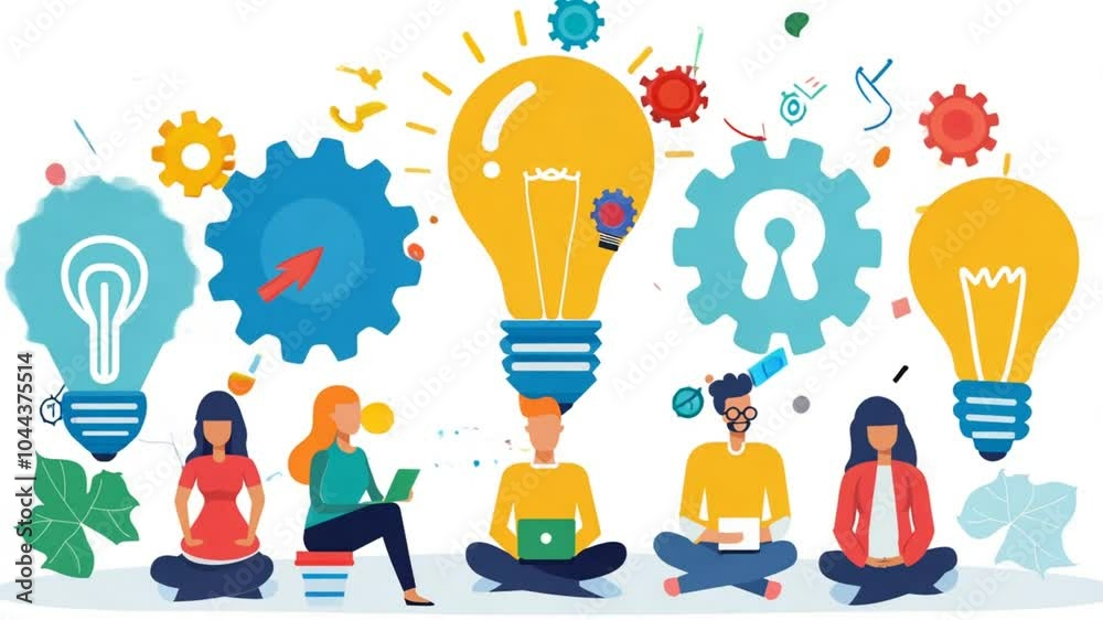 A group of diverse people engages in a brainstorming session, surrounded by light bulbs and gears symbolizing creativity and collaboration in a workspace A group of diverse people engages in a brainstorming session, surrounded by light bulbs and gears symbolizing creativity and collaboration in a workspace