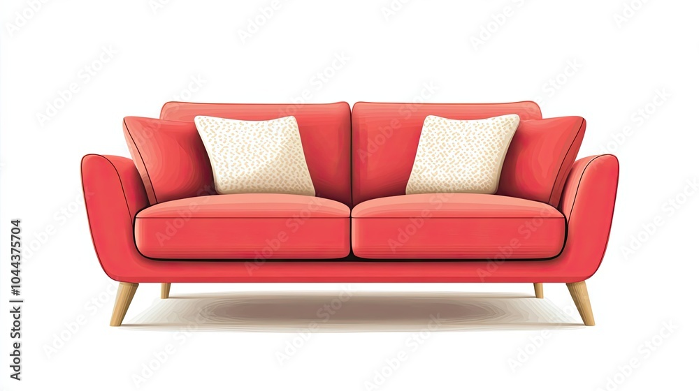 Fototapeta premium Red Two-Seater Sofa with White Patterned Pillows