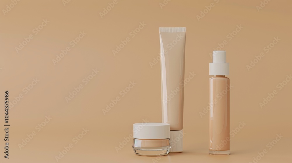 An elegant bottle of essence, with a high white tubular moisturizing cream beside it and a soft beige background, shows a delicate beauty concept. An elegant bottle of essence, with a high white tubular moisturizing cream beside it and a soft beige background, shows a delicate beauty concept.