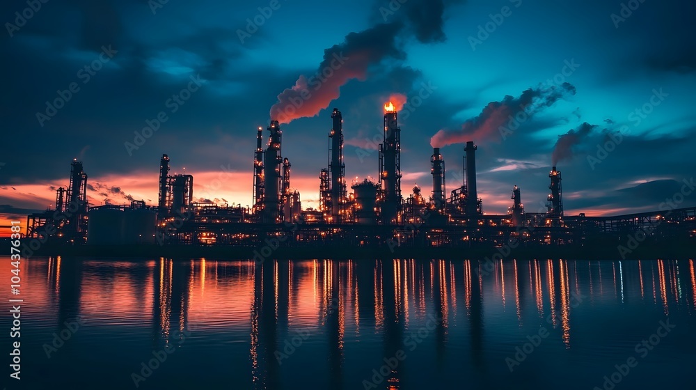 A large industrial plant with a large body of water in the background. The sky is dark and the water is reflecting the lights from the plant A large industrial plant with a large body of water in the background. The sky is dark and the water is reflecting the lights from the plant