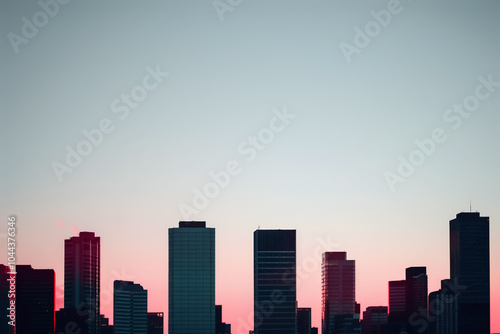 stunning cityscape at dusk showcases silhouette of modern skyscrapers against gradient sky. vibrant colors evoke sense of tranquility and urban beauty