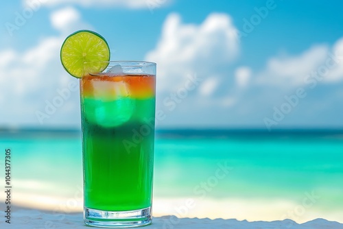 glass of cocktail with lime on the beach