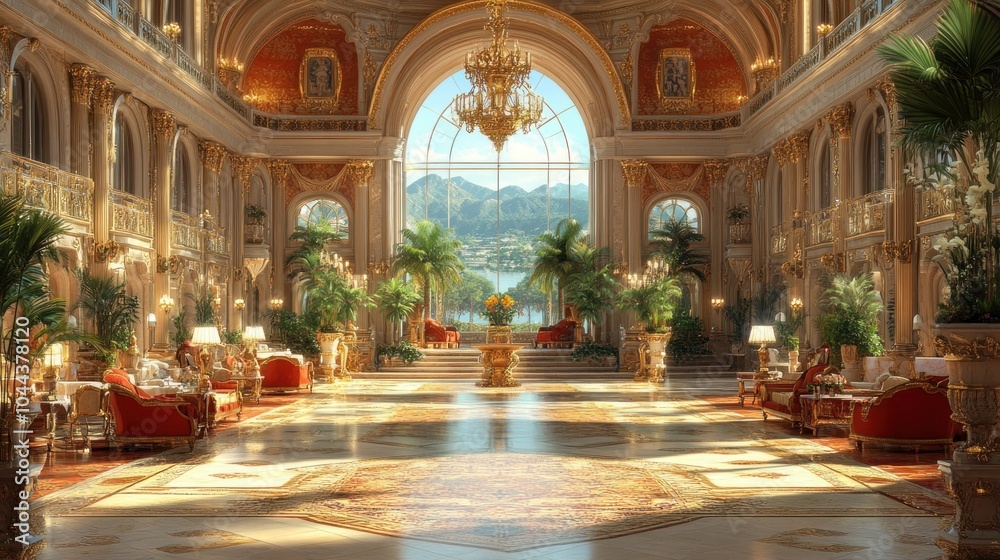 Fototapeta premium Luxurious lobby with elegant decor and natural light.