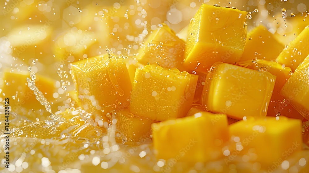 A vibrant panorama showcasing cut square mangoes with splashes against a pale yellow background, embodying a soft and dreamy punk style that reflects organic design and creative aesthetics. A vibrant panorama showcasing cut square mangoes with splashes against a pale yellow background, embodying a soft and dreamy punk style that reflects organic design and creative aesthetics.