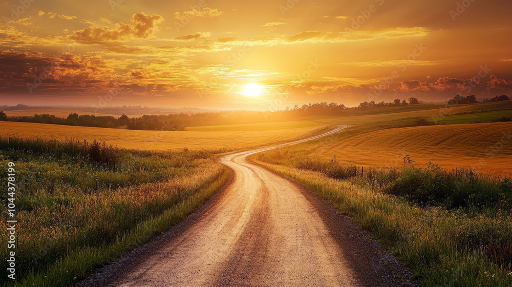 Winding country road through golden fields at sunset, creating a serene ambiance.