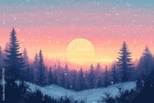 Serene Winter Wonderland: Sunset Over Snowy Evergreen Forest in Tranquil Bliss