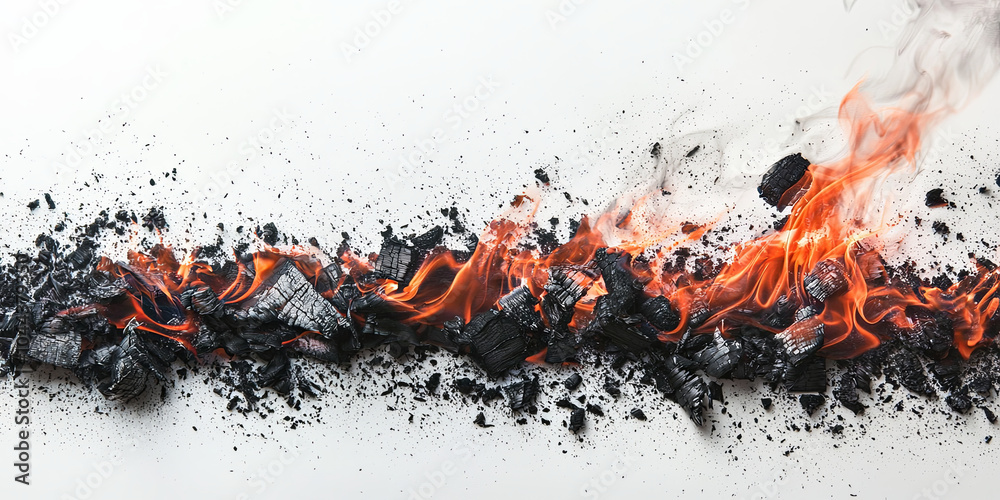 Close up of burning charcoal on a white background, generative AI