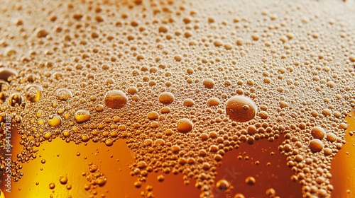 Close-up of beer foam bubbles with golden hue, creating a refreshing and appetizing look perfect for beverage promotions. photo