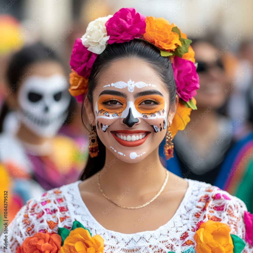 A joyful woman in traditional attire celebrates with face paint and flowers.