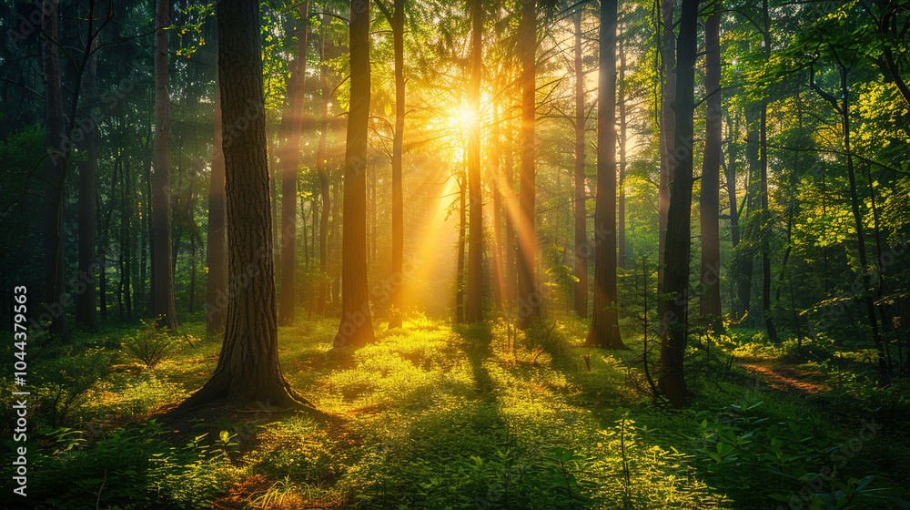 Obraz premium Forest view in tall trees and sunrise 