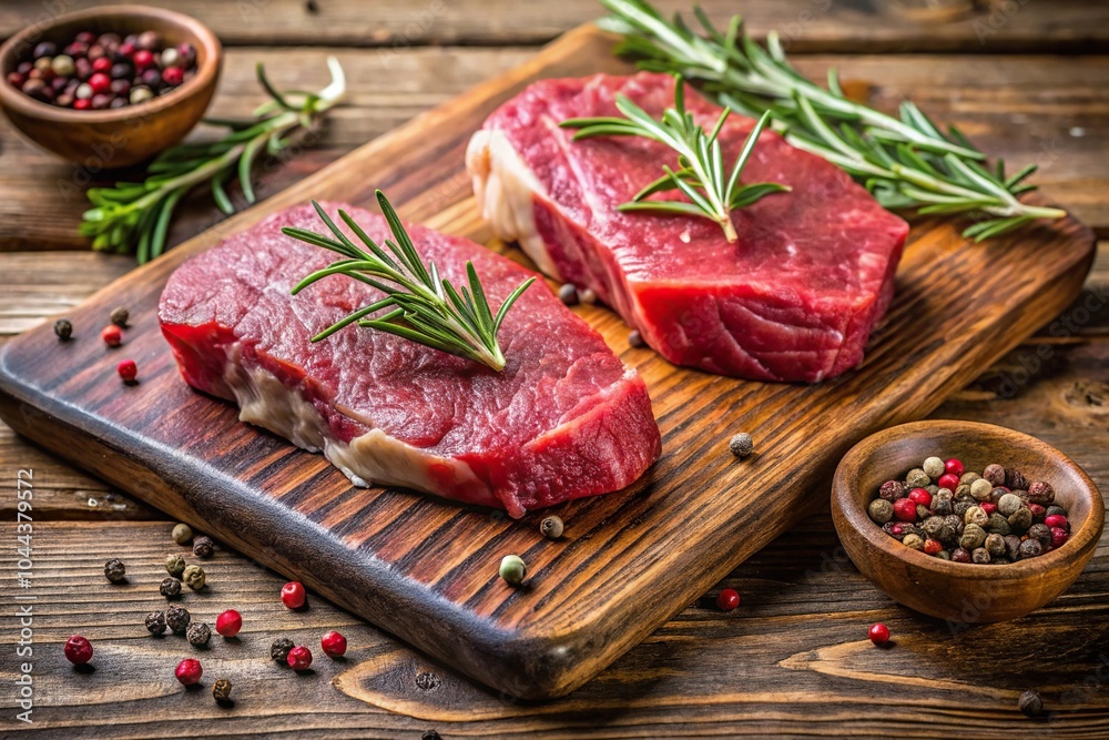 raw beef steaks on cutting board with rosemary and peppercorns