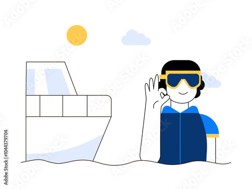 Diver swimming in the sea. Diving illustration. Flat vector illustration