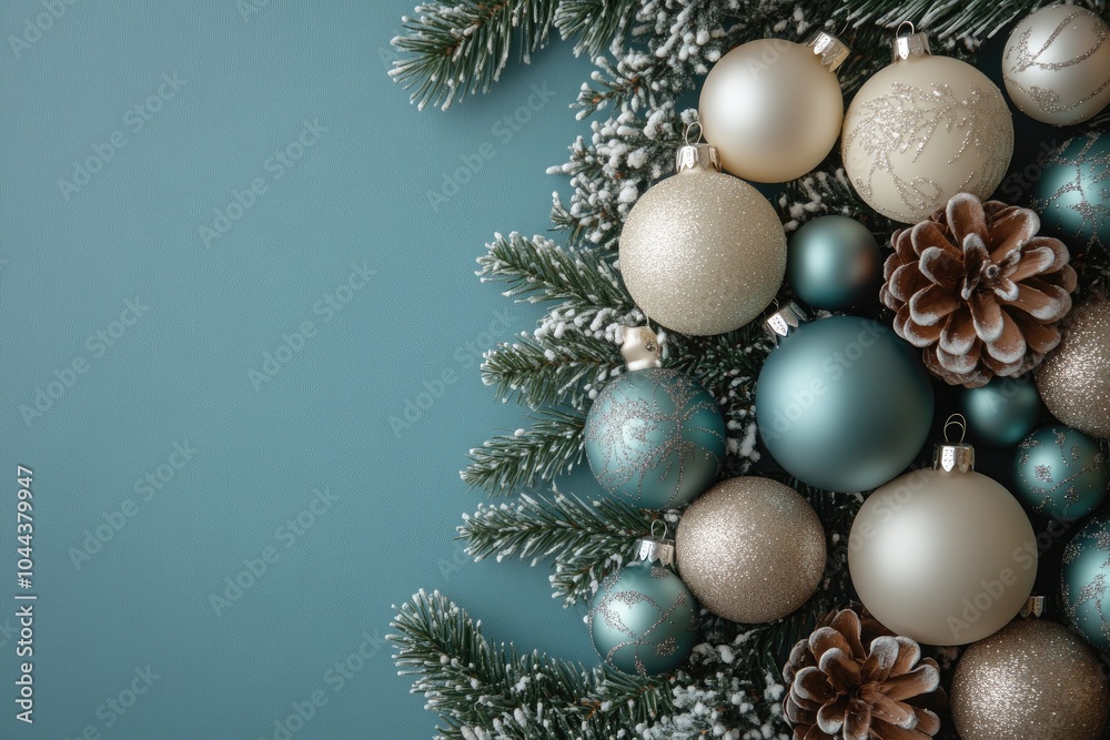 Elegant Holiday Decor with Teal and Gold Christmas Ornaments and Pinecones on a Green Background