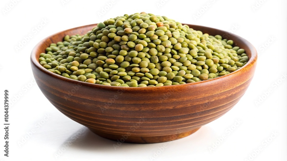 Raw green lentils in wooden bowl on white background. Raw green lentils in wooden bowl on white background.