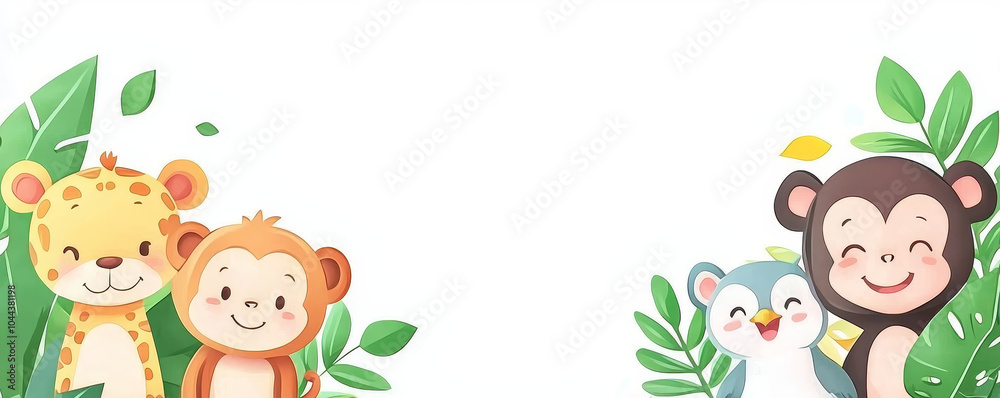 Cute jungle animals including leopard, monkey, and bird surrounded by green leaves, creating playful and cheerful atmosphere. Perfect for childrens themes or nature related projects Cute jungle animals including leopard, monkey, and bird surrounded by green leaves, creating playful and cheerful atmosphere. Perfect for childrens themes or nature related projects