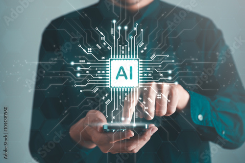 Digital information technology concept. Businessman touching artificial intelligence icon. Chatbot and AI concept.