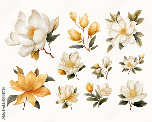 Set of Vintage White Flower Watercolor Clipart