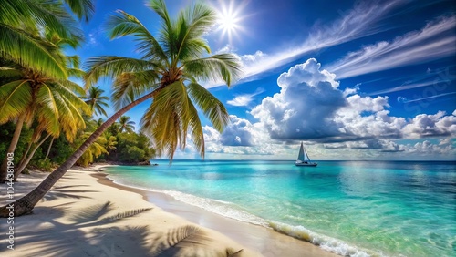 Sun-drenched Beach with Palm Trees and a Solitary Sailboat Under a Sky Filled with Fluffy Clouds