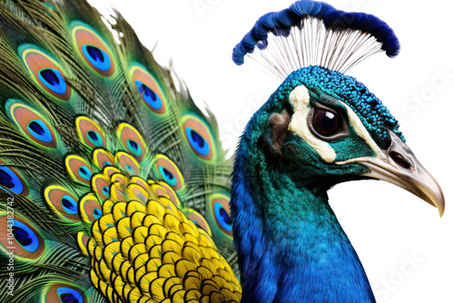 A close-up of a peacock head and upper body, capturing the detailed textures and vivid colors of its feathers. The peacock is set against a stark white background,