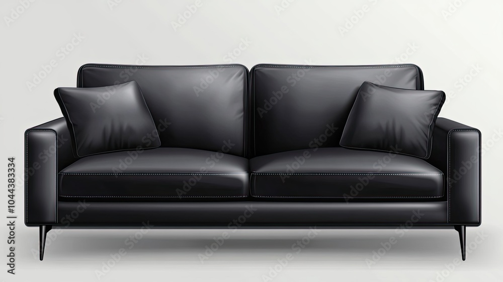 Black Leather Sofa with Two Pillows and Thin Legs Black Leather Sofa with Two Pillows and Thin Legs