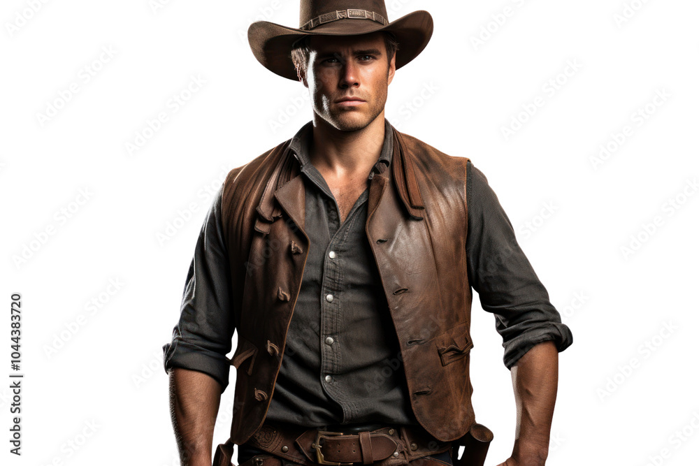 A cowboy with a confident stance, wearing a hat, leather vest, and jeans, isolated on a white background A cowboy with a confident stance, wearing a hat, leather vest, and jeans, isolated on a white background