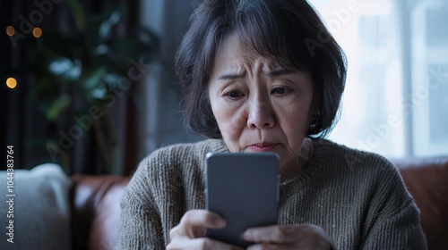 Presbyopia, Hyperopia mature, aged asian woman having vision problem trying to stare text on smart mobile phone screen on sofa at home, eye disease of elderly. Poor eyesight farsightedness concept. photo