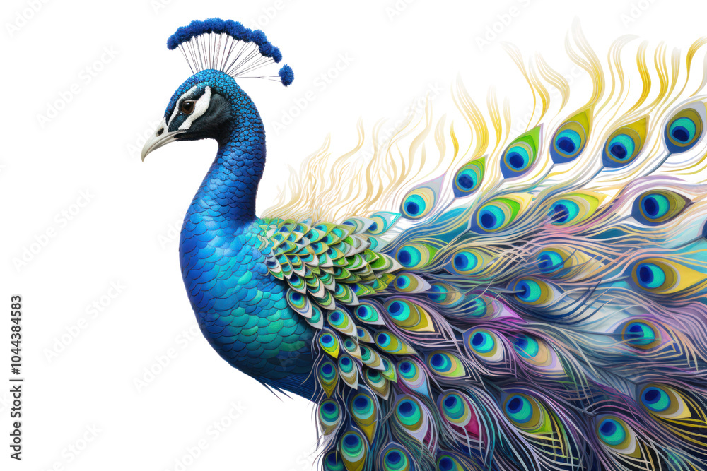 Fototapeta premium A majestic peacock in profile, with its iridescent tail feathers elegantly displayed. The bird is centered against a clean white backdrop