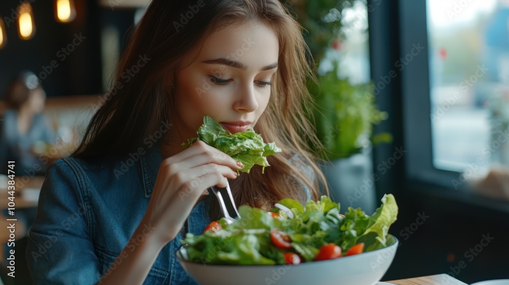 Young woman enjoying a fresh salad in a cozy restaurant setting. Young woman enjoying a fresh salad in a cozy restaurant setting.