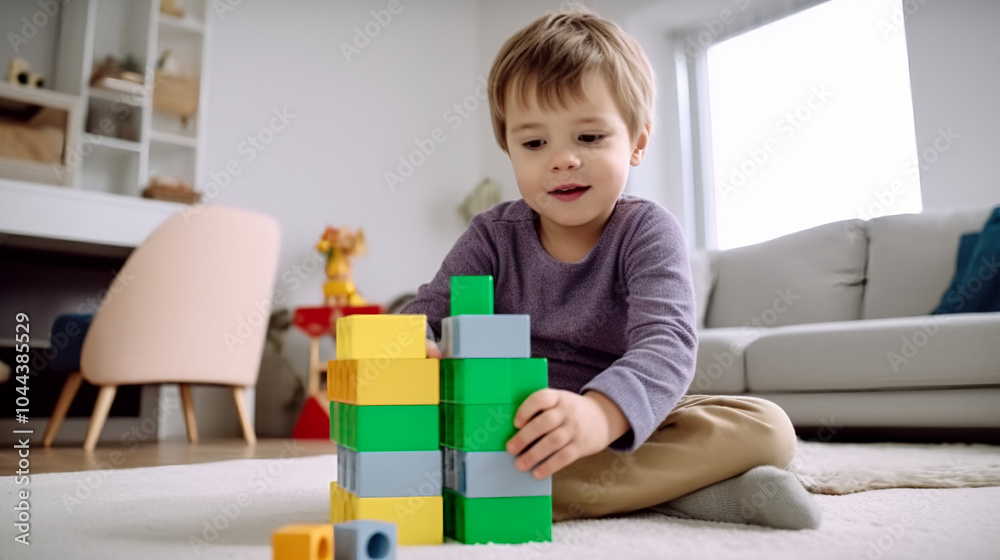 A little boy playing with building blocks in the living room. A little boy playing with building blocks in the living room.