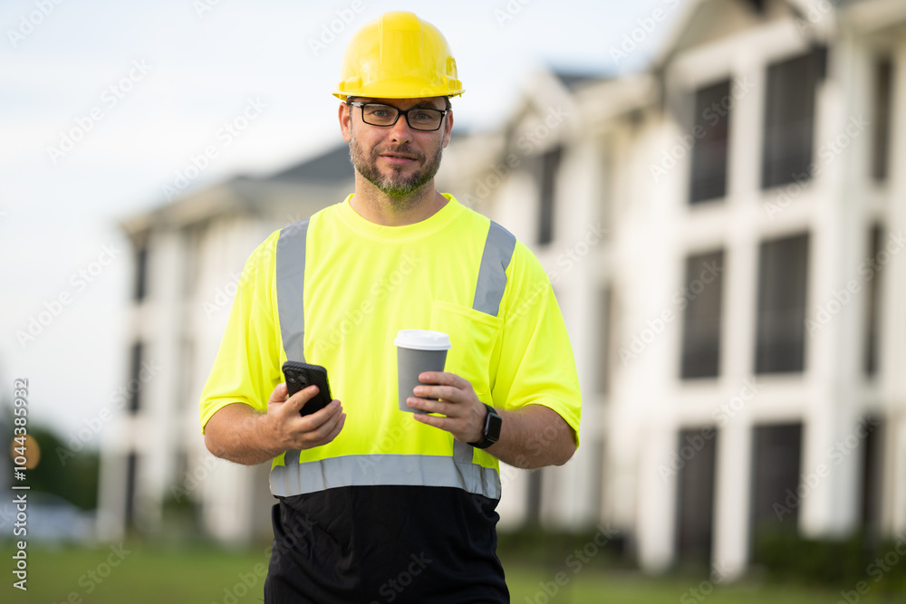 Construction worker having coffee break on construction site. A man builder in a helmet and goggles drinks a hot drink. Mature construction worker taking a break on site and drinking a coffee beverage