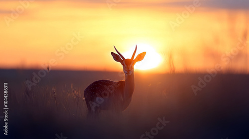 Silhouetted deer in a serene sunset landscape. photo