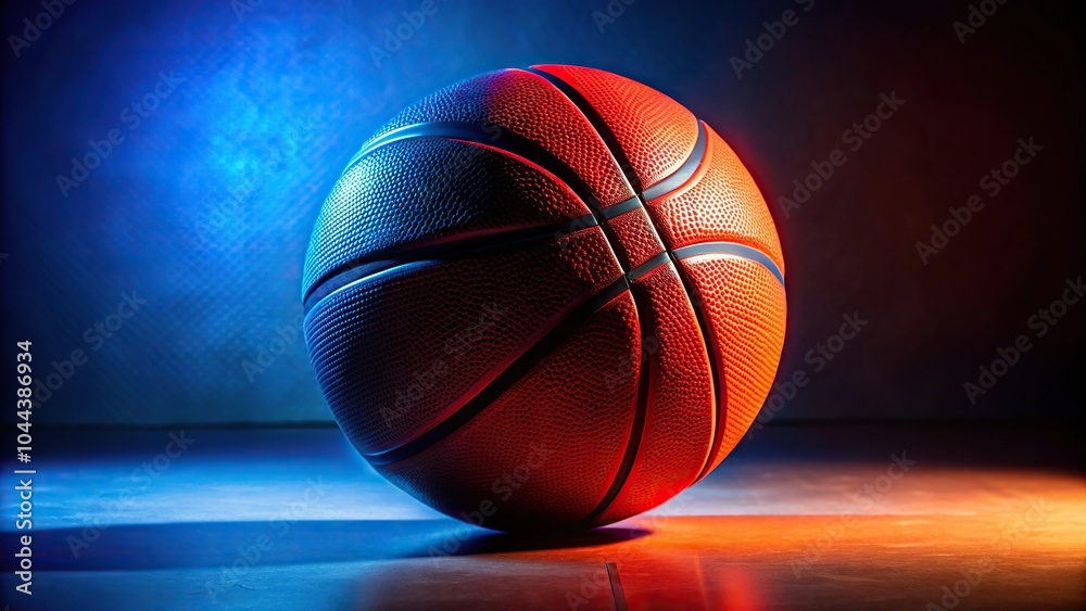 Obraz premium Red and black basketball on orange and blue lighting background with particles