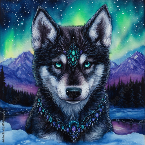 painting of a wolfdog unde northern light  photo