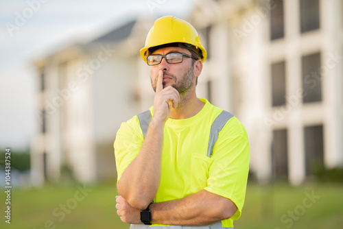 Construction worker having coffee break on construction site.Builder in helmet. Worker in hardhat. Portrait mechanical worker in construction helmet. Engineer builder foreman or repairman.